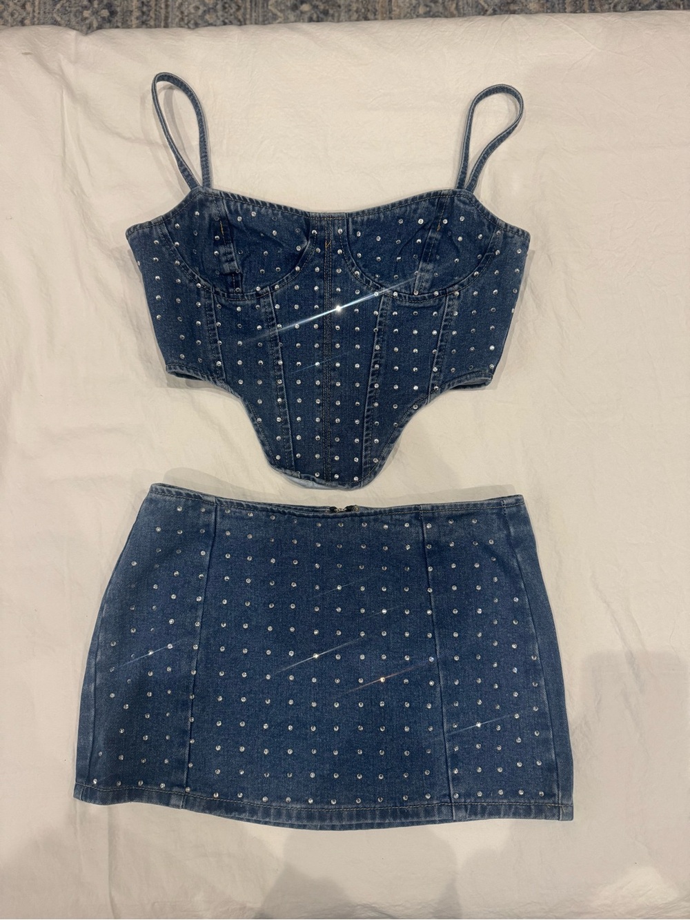 PrettyLittleThing Blue Denim Corset & Mini Skirt Set with Rhinestones